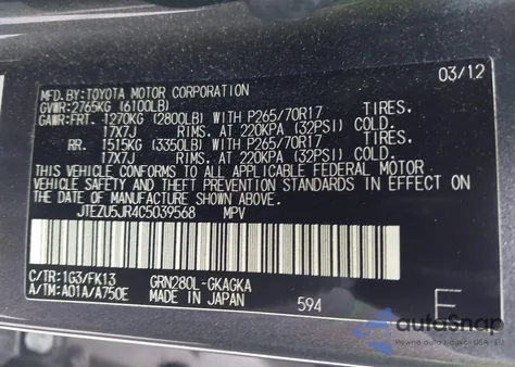 2012 Toyota 4Runner Sr5 from USA, damaged, VIN JTEZU5JR4C5039568